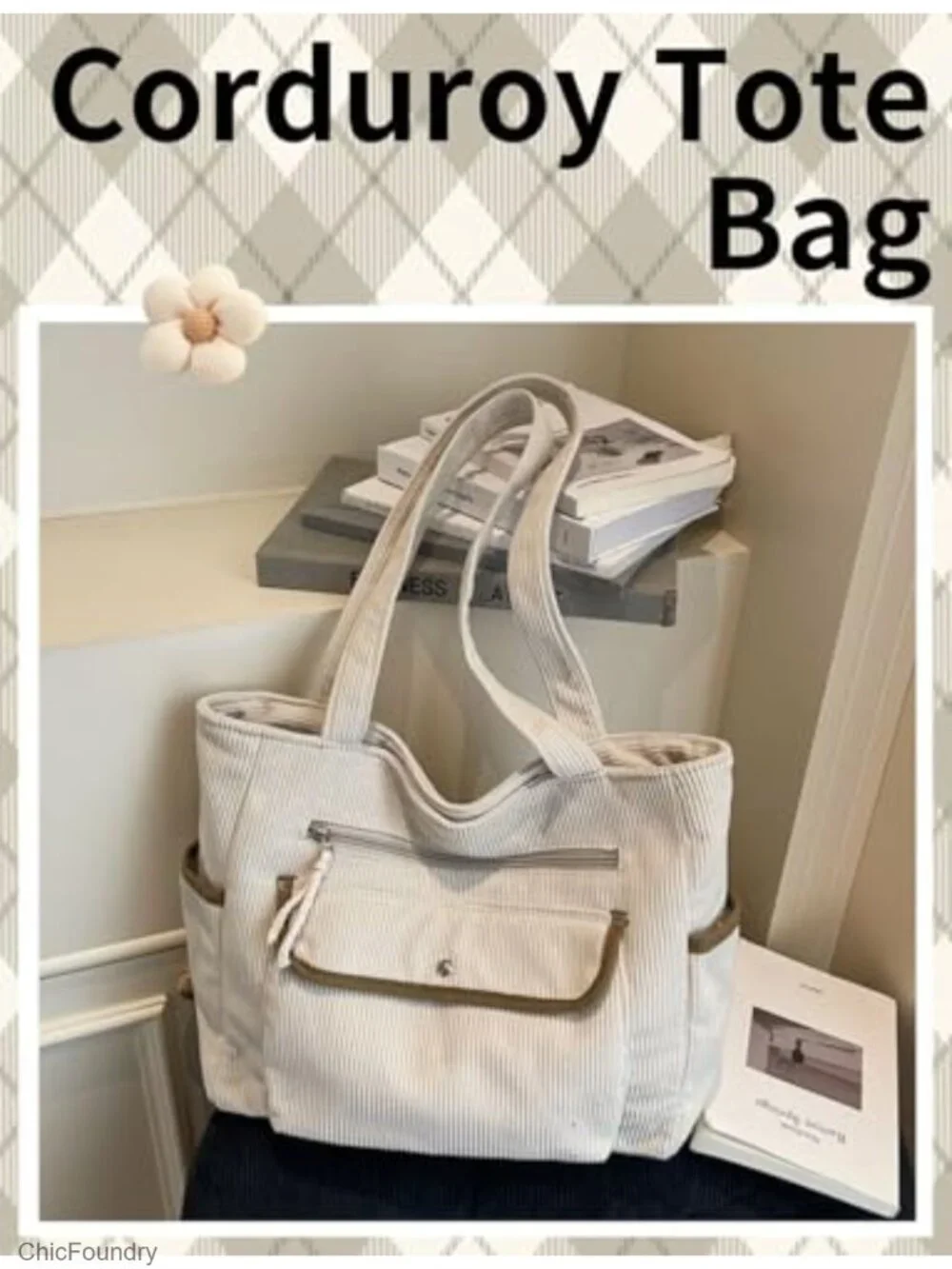 Soft Corduroy Tote Bag with Multiple Pockets for Work Travel